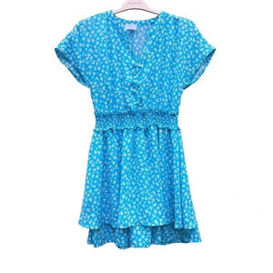 Sienna Sky Women White Small Floral Aqua Blue Mini Dress Medium